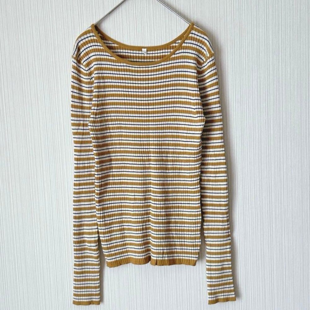 Vecca Long Sleeve Border Rib Knit Cut and Sew Mustard White L Casual